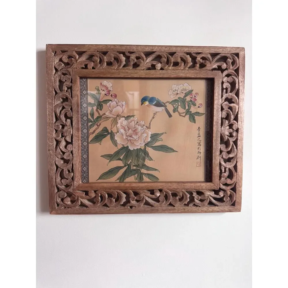 Vintage Pair Asian Silk Bird Floral Paintings, Carved Wood Framed Botanicals